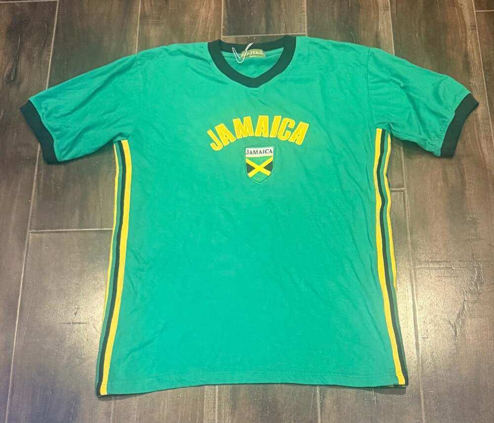 Heritage Authentic Jamaican Wear V-Neck T-Shirt Green Yellow Striped XL